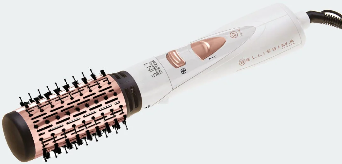 Spazzola per capelli bianca e oro rosa. La testina è circolare con setole nere. Con cavo di alimentazione.