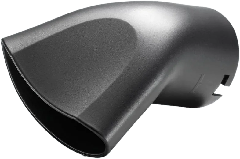 Parte in plastica grigio scuro angolata, probabilmente per un'auto o un elettrodomestico.
