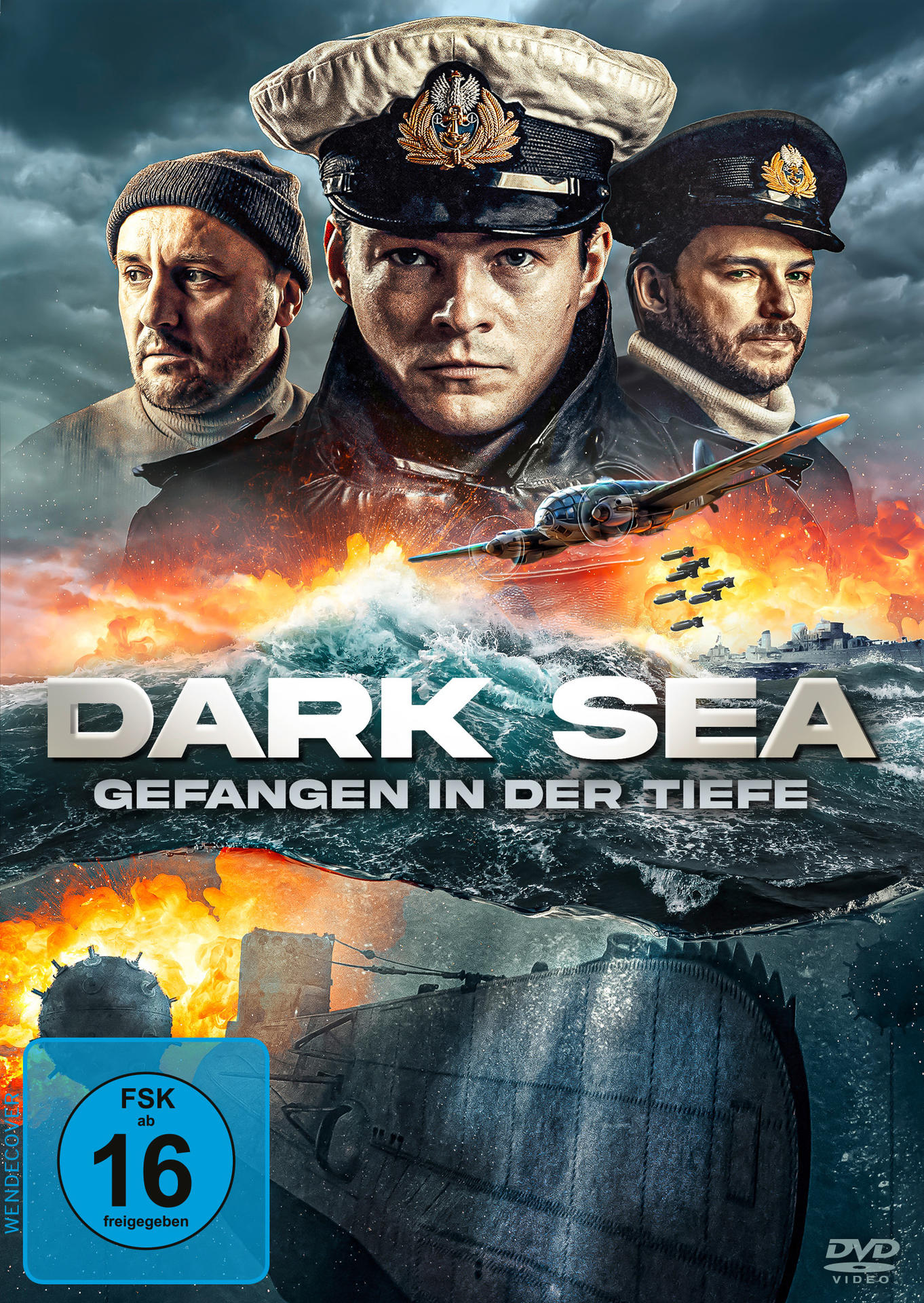 Dark Sea Film-DVD-Cover. Zeigt drei Männer, ein U-Boot und einen feurigen Meereshintergrund.
