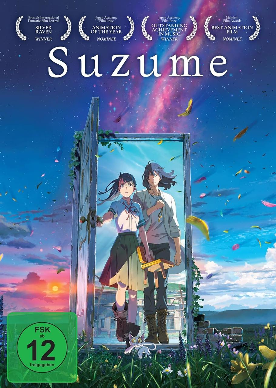 Suzume Filmplakat mit zwei Charakteren und einer Tür.