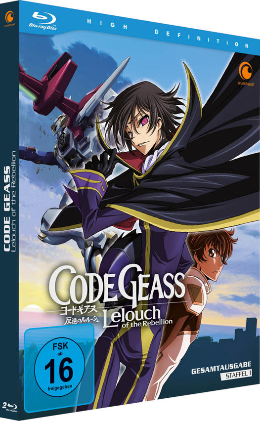 Code Geass DVD-Hülle. Anime-Charaktere auf dem Cover. Deutscher Text. Blu-Ray-Disc-Label.