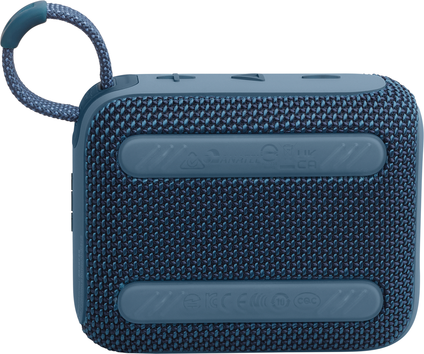 Haut-parleur portable bleu avec une texture en tissu. Il a une poignée et est sur une surface blanche.