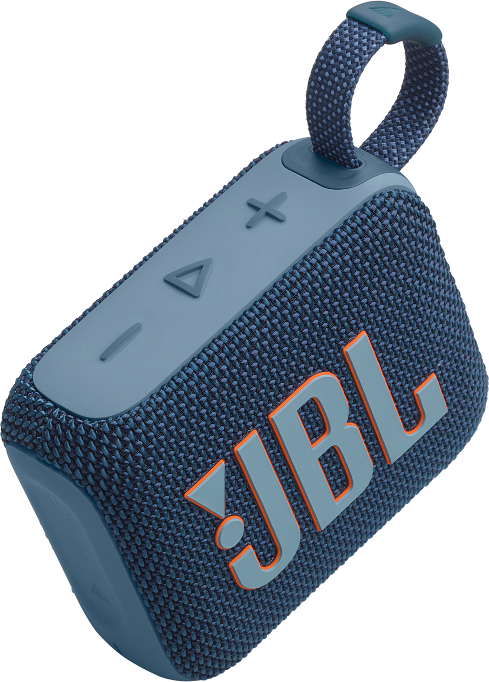 Enceinte JBL bleue avec logo orange. Dispose de commandes et d'une poignée en tissu. Inclinée sur une surface blanche.