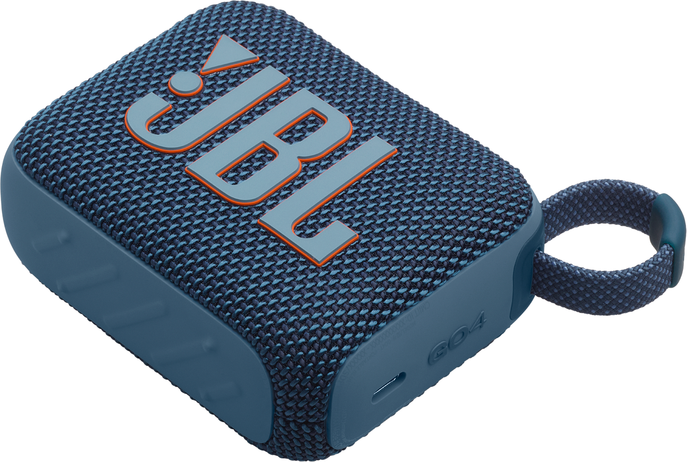 Enceinte JBL GO 4, bleue avec logo JBL orange et une sangle tissée, vue en angle.