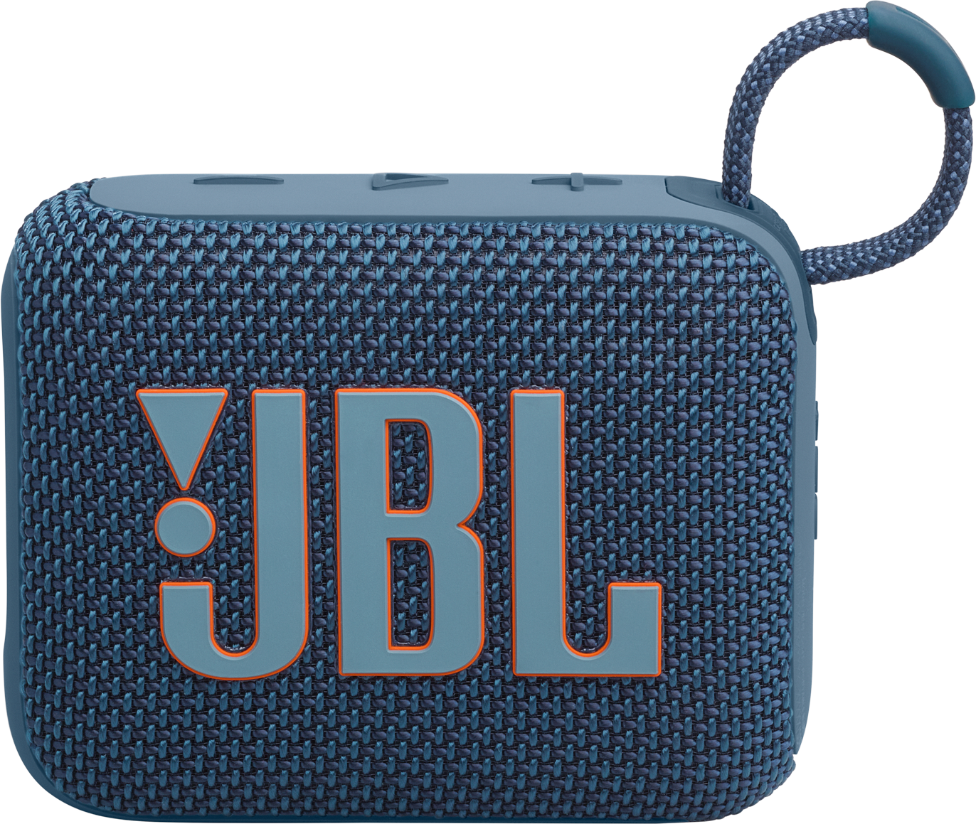 Haut-parleur JBL bleu et orange avec une sangle de transport. Avec le logo JBL.