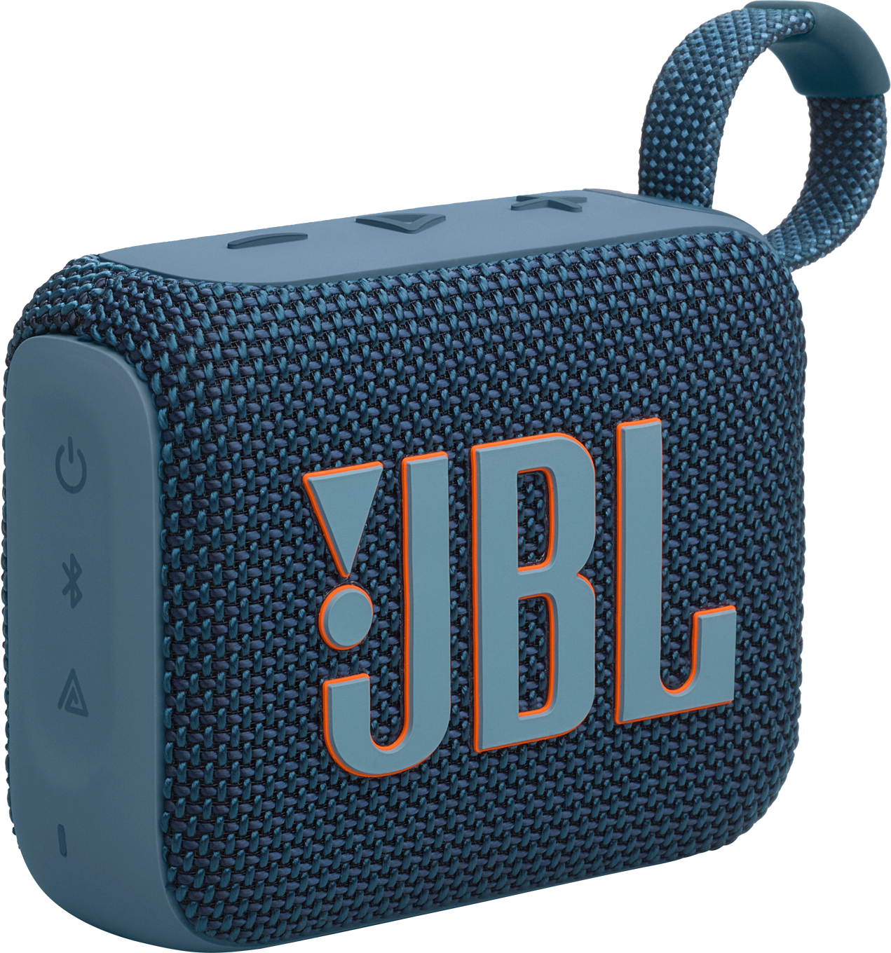 Haut-parleur JBL bleu et gris avec le logo JBL orange et une sangle.
