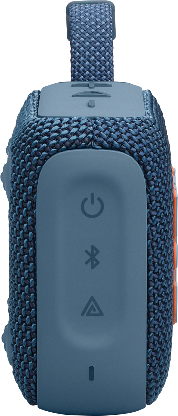 Un haut-parleur portable bleu et gris avec des boutons de commande sur le côté.