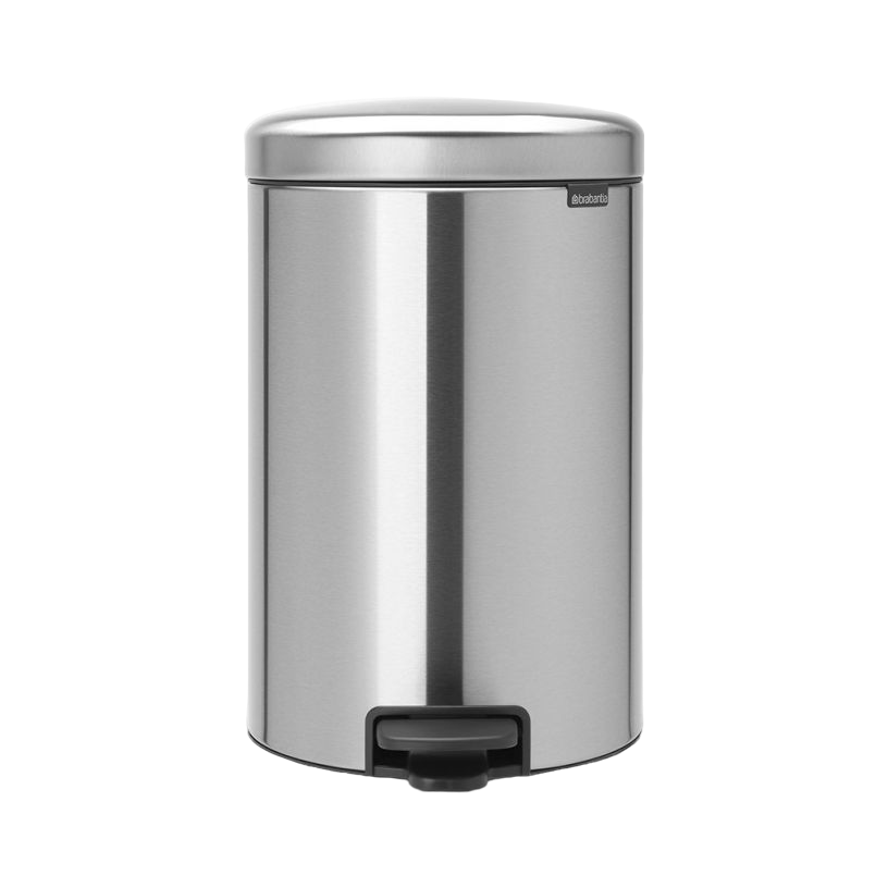 Silberne Mülltonne mit schwarzem Fußpedal. Der Markenname Brabantia ist sichtbar.