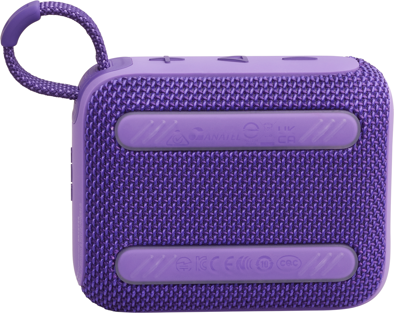 Altoparlante JBL viola con maniglia, che mostra il retro con il logo e del testo.