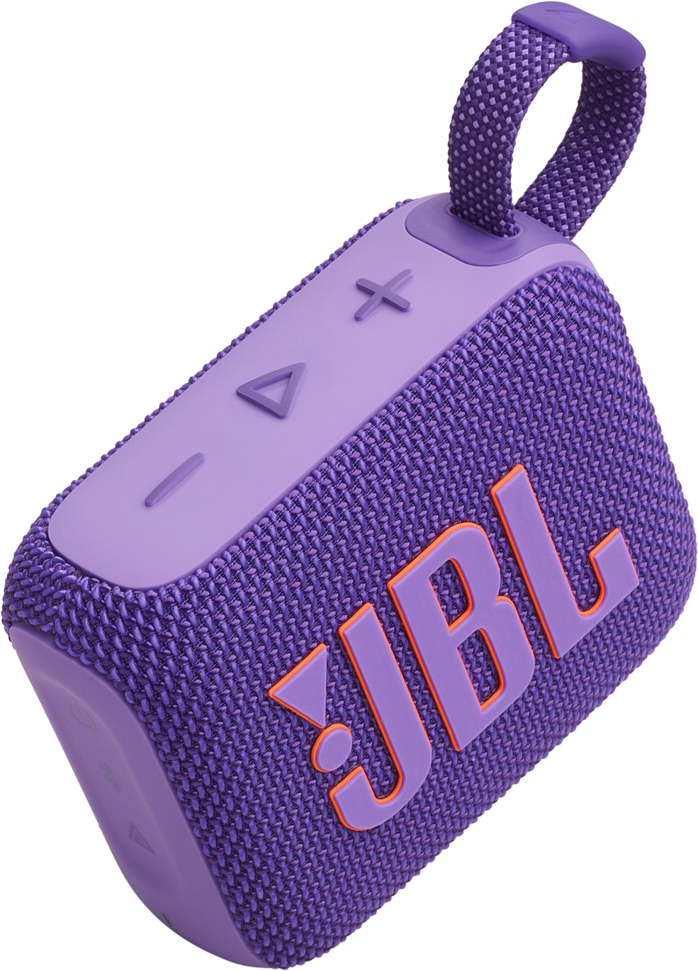 Altoparlante JBL viola con dettagli arancioni, pulsanti triangolo, più, meno, con maniglia sopra.