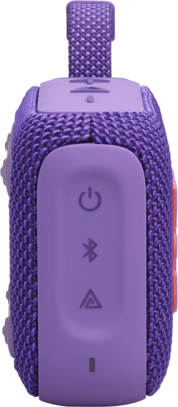 Altoparlante portatile viola con pulsanti per accensione, Bluetooth e volume.