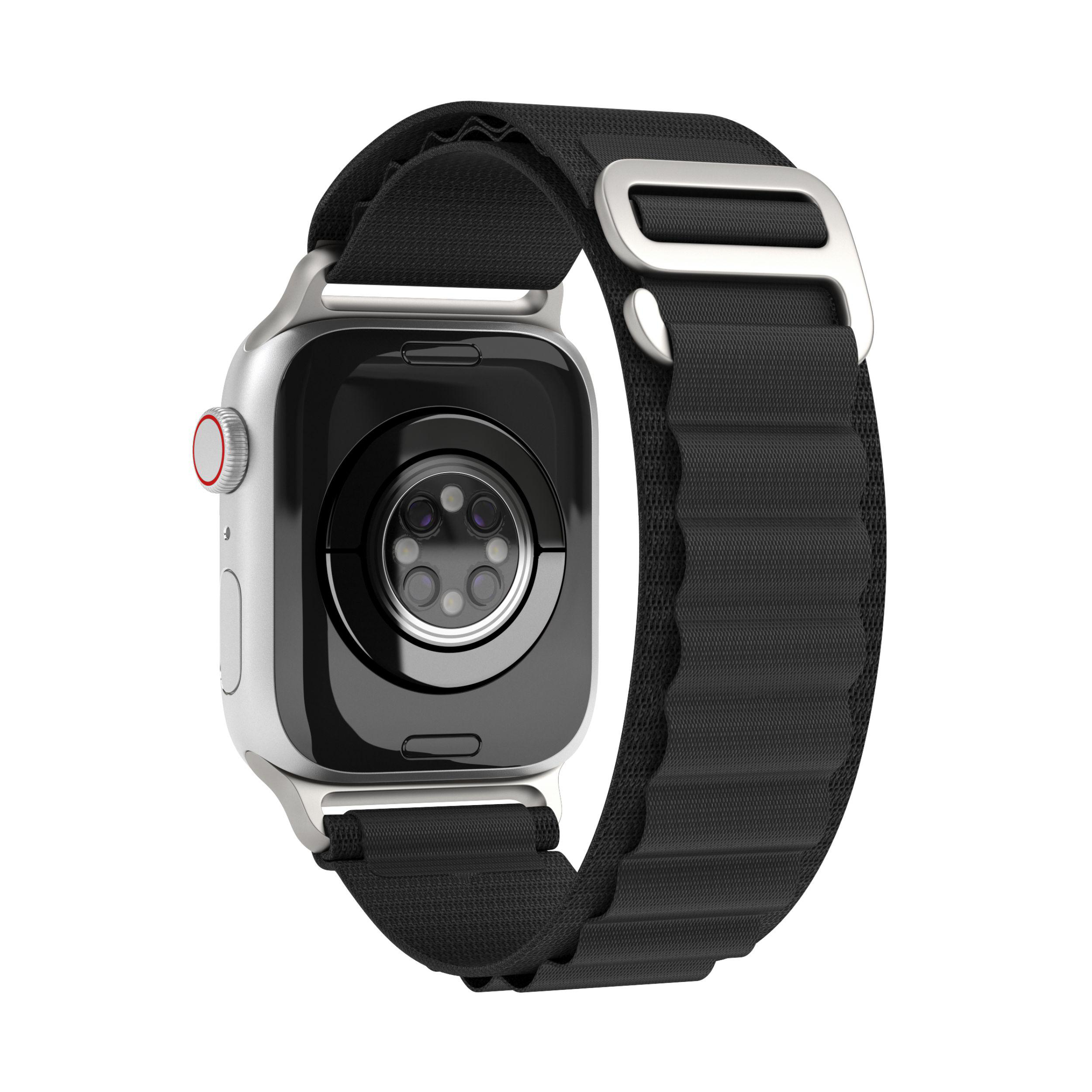 Silberne Smartwatch mit schwarzem Armband, Rückansicht.