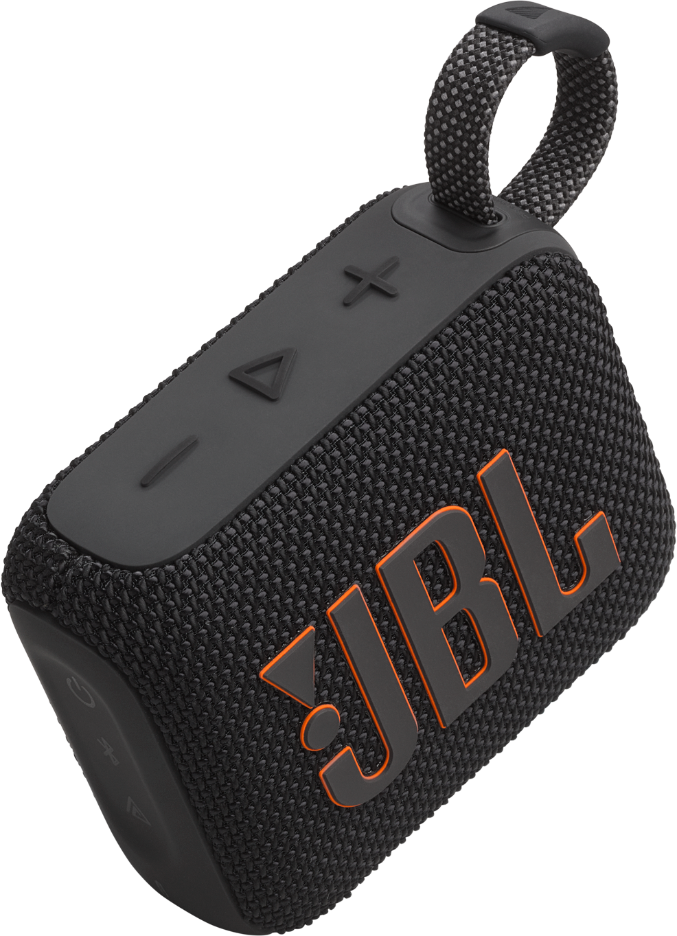 Haut-parleur JBL noir et gris avec logo et boutons oranges. Texture tissu et poignée noire.