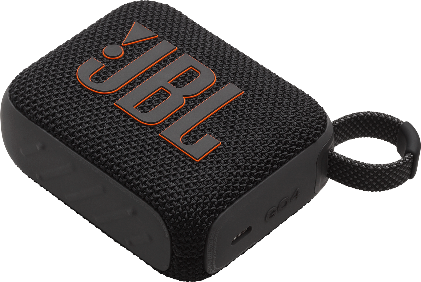 Haut-parleur JBL noir et orange. Tissu en maille, logo orange et une boucle de transport.