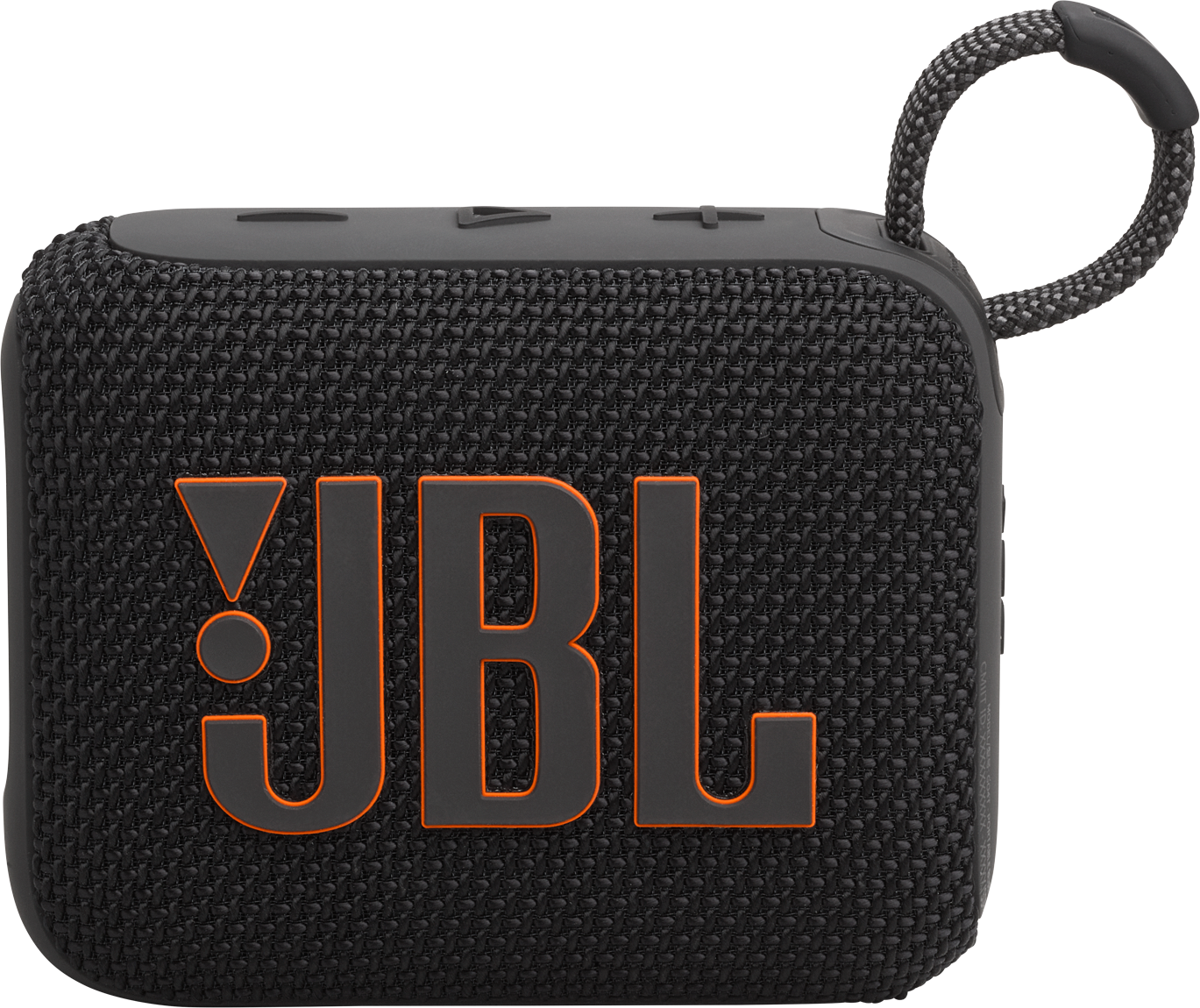 Haut-parleur JBL noir avec logo JBL orange. Petit, portable, avec une boucle de transport.