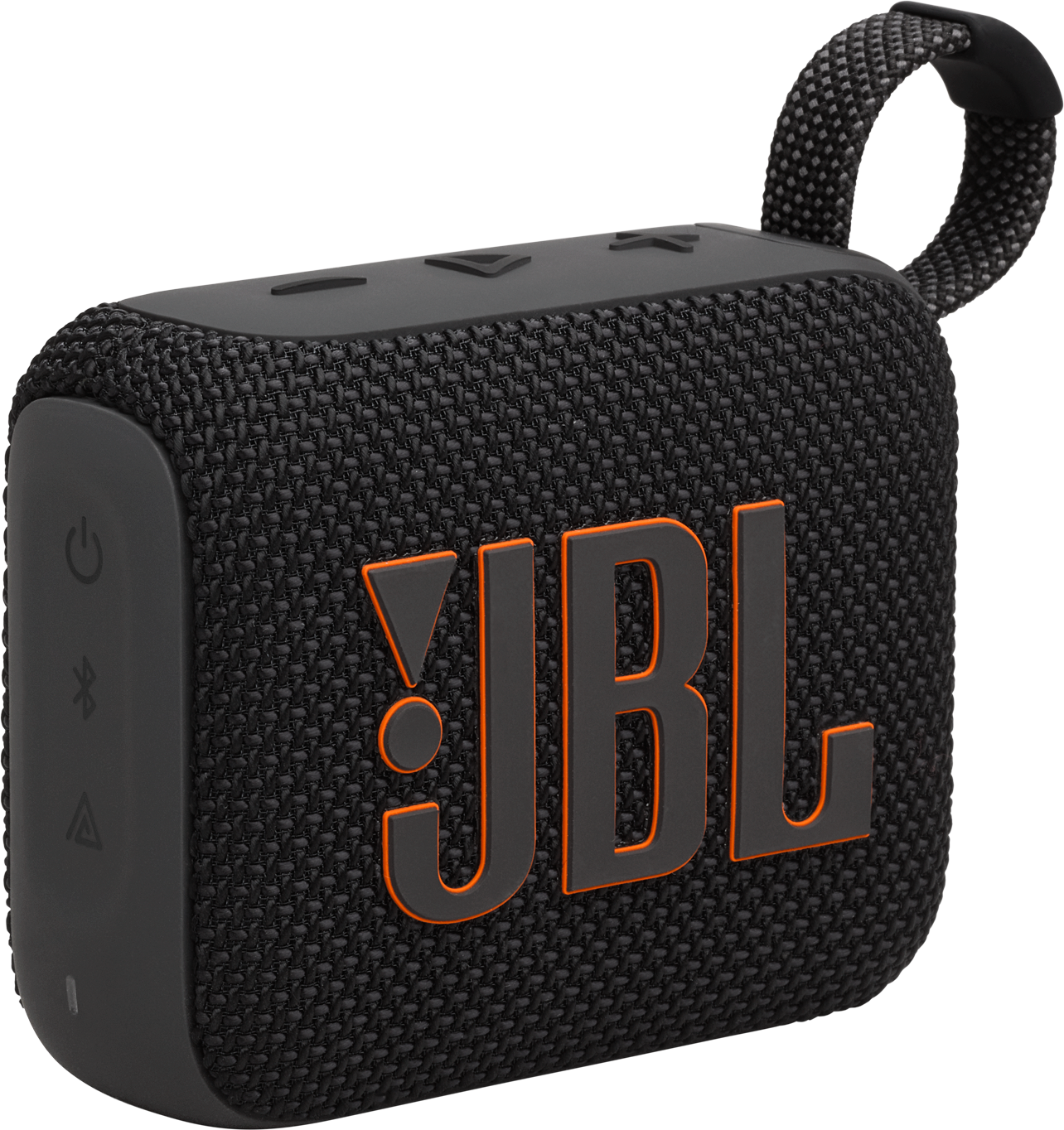 Un petit haut-parleur JBL noir avec logo JBL orange et sangle.