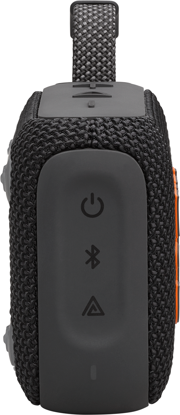 Un haut-parleur portable noir et gris avec des boutons de commande sur le côté.
