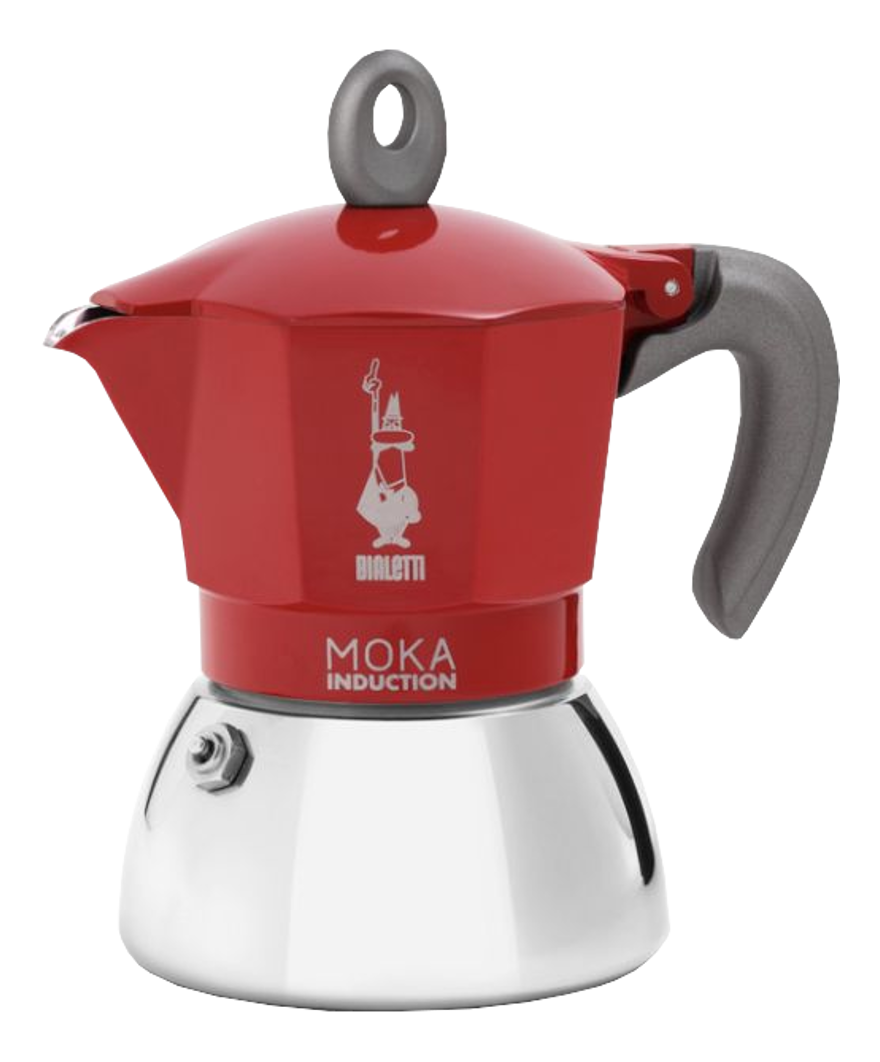 Eine rote und silberne Moka-Kanne. Der Text 'MOKA INDUCTION' steht auf der Vorderseite der Kanne.