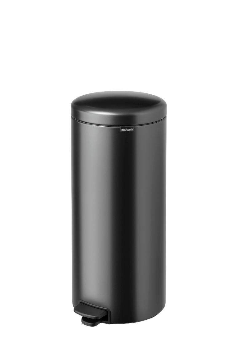 Schwarzer Brabantia Treteimer, zylindrische Form, mit Fußpedal am Boden.