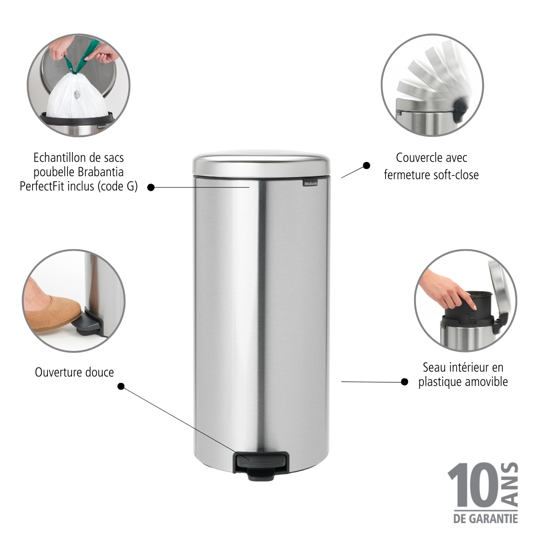 Edelstahl-Mülleimer mit Soft-Close-Deckel. Fußpedal und Innenbehälter werden gezeigt.