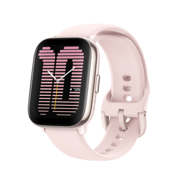 Różowy smartwatch wyświetla godzinę i procent naładowania baterii. Zegarek ma różowy pasek i metalową ramkę. Tło jest czarne.