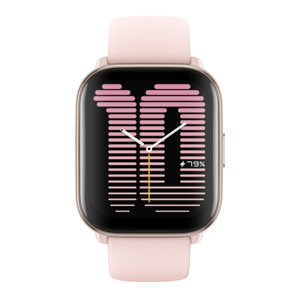 Kwadratowy smartwatch z różowym paskiem. Ekran wyświetla liczbę 10 w różowych poziomych liniach, białe wskazówki i 79% baterii.