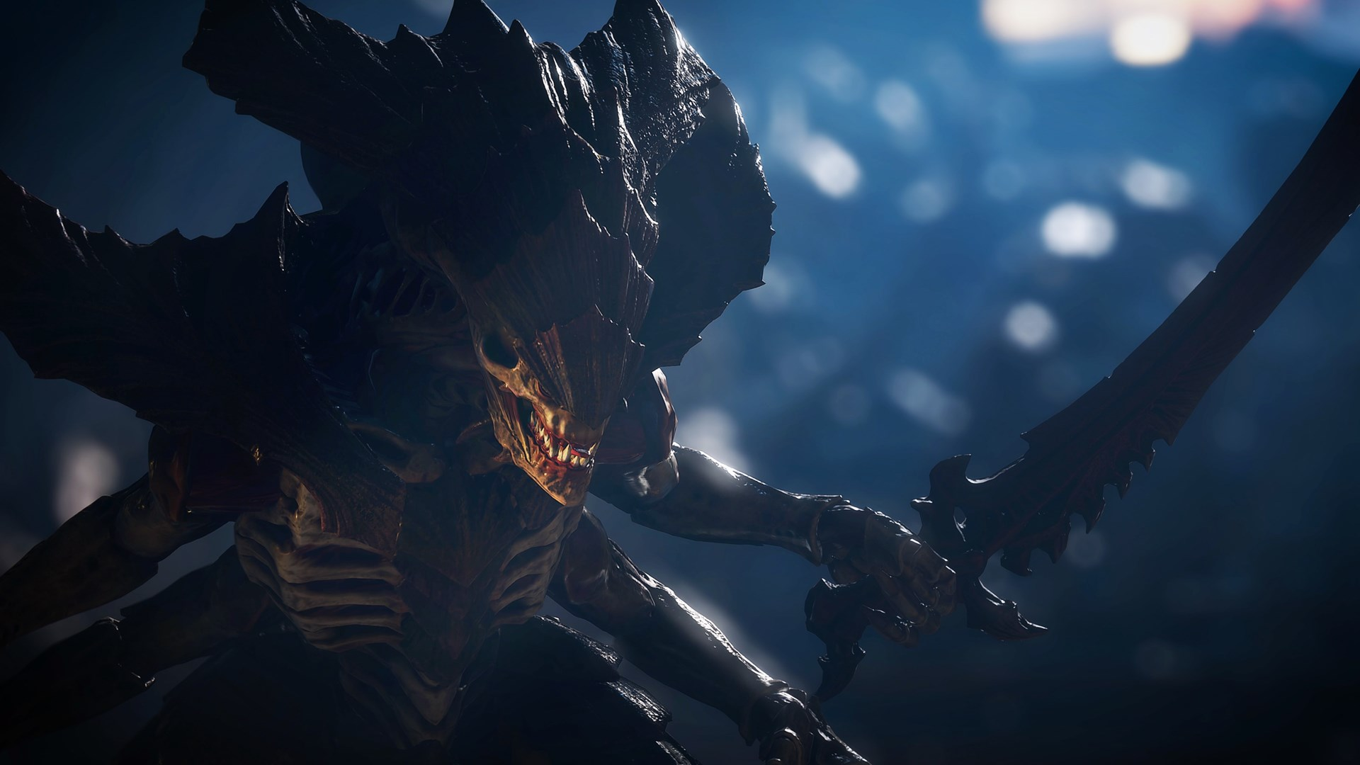 Ein monströser Alien mit einer Klinge. Es hat ein skelettartiges Gesicht in dunkler Umgebung.