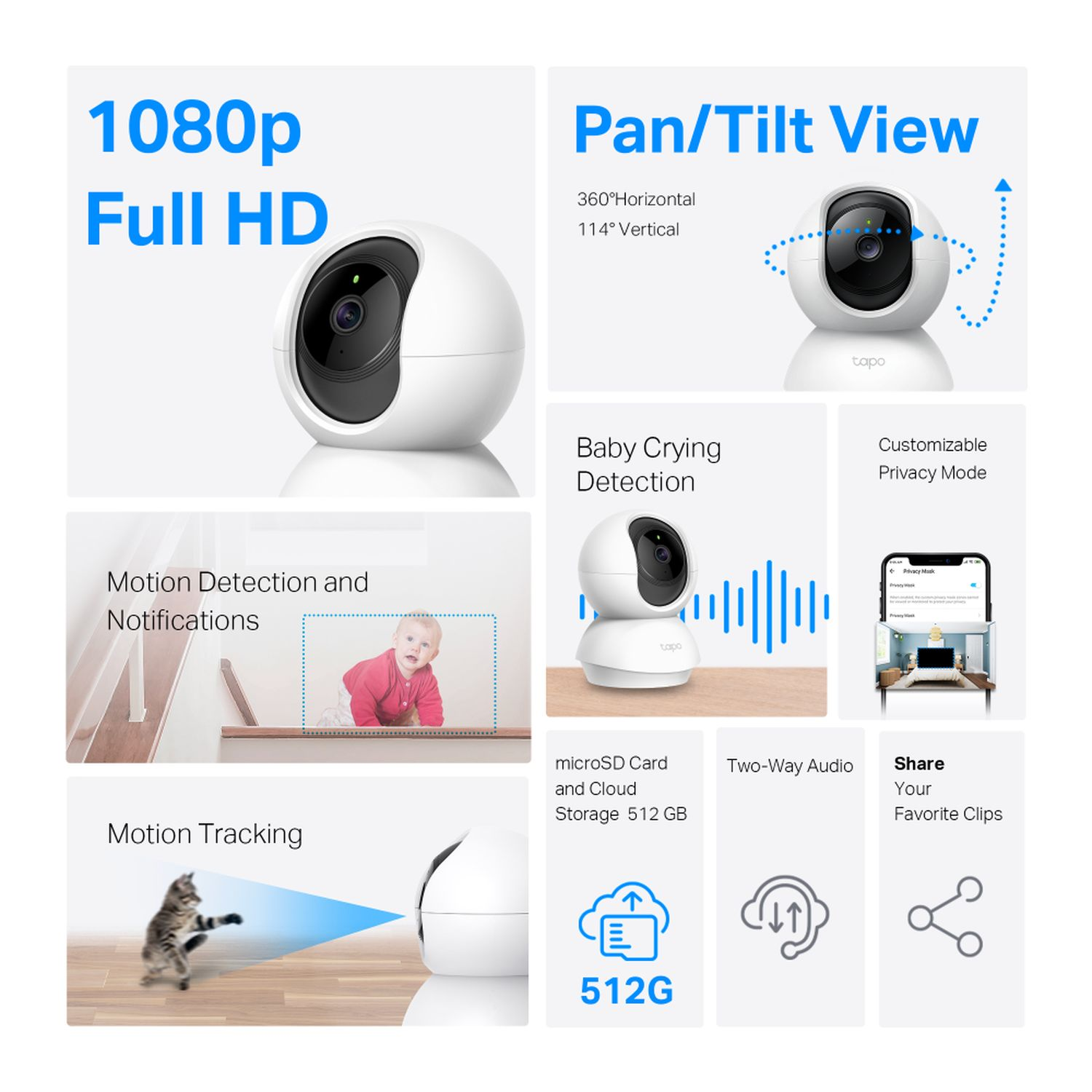 White security camera setup with multiple images showing features like motion tracking and cloud storage.