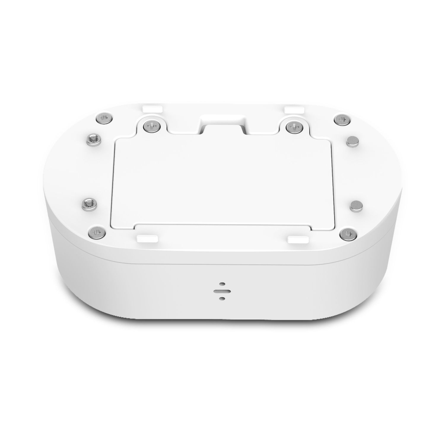 White electronic device, top view, with screws and a small opening.