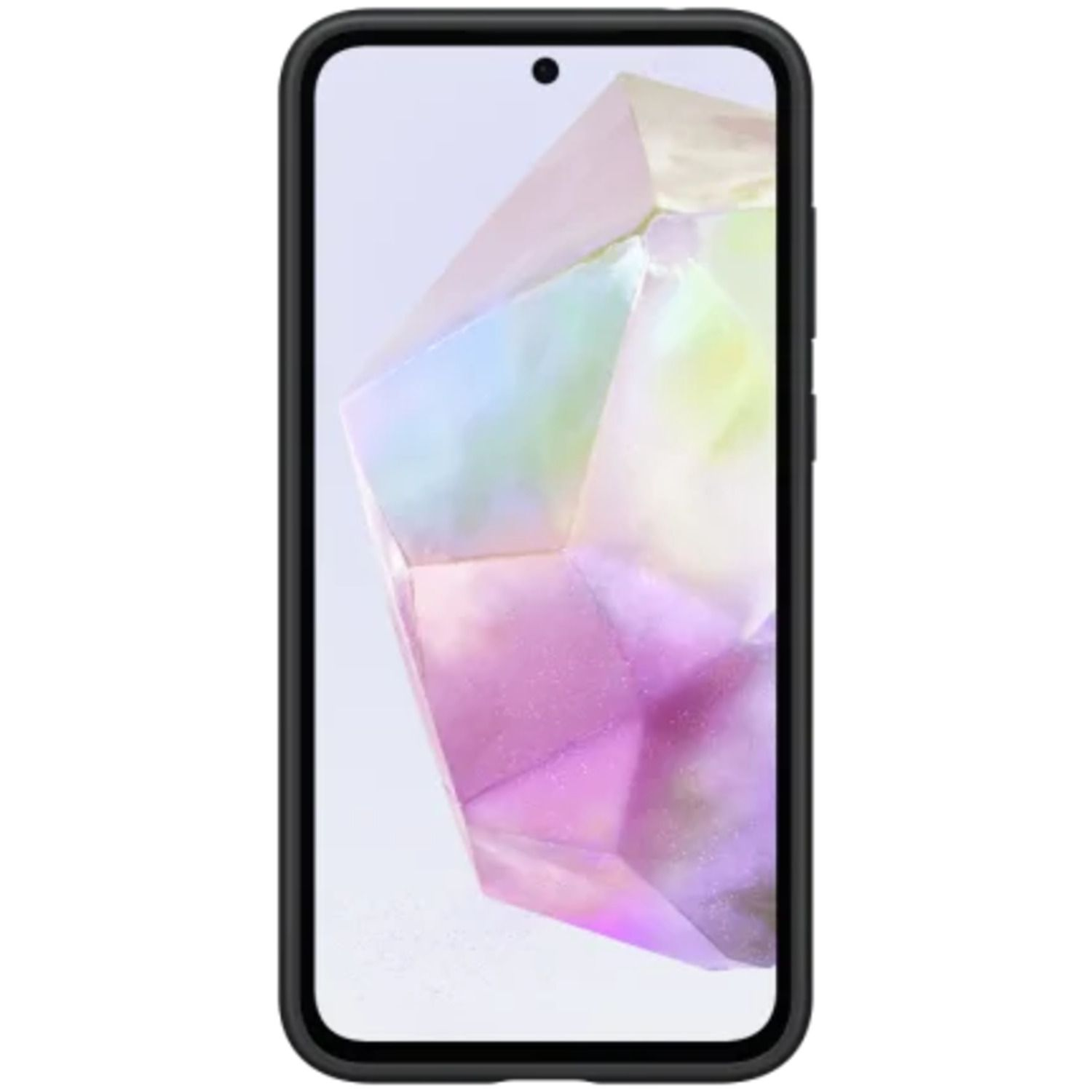 Zwarte smartphone met een scherm dat een kleurrijk, abstract kristalontwerp toont.