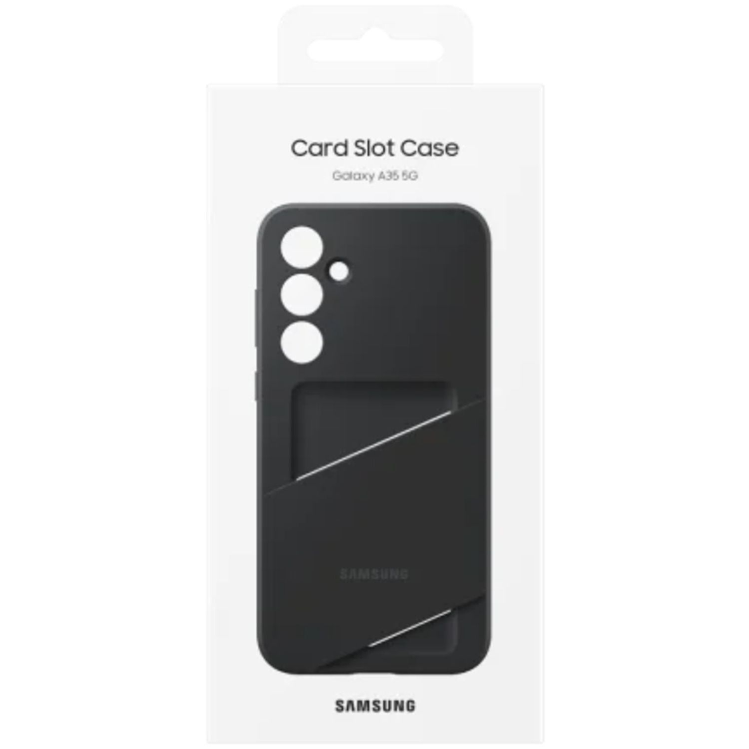 Zwarte Samsung telefoonhoes met kaartsleuf en witte verpakking. De hoes staat voor.
