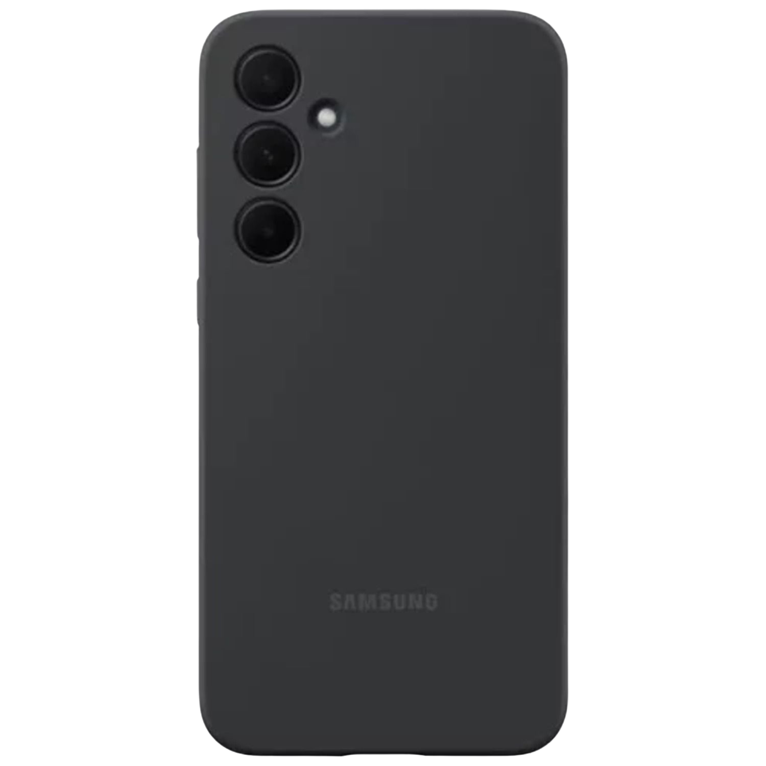 Zwarte telefoonhoes, de achterkant van een telefoon met drie cameralenzen en het Samsung-logo.