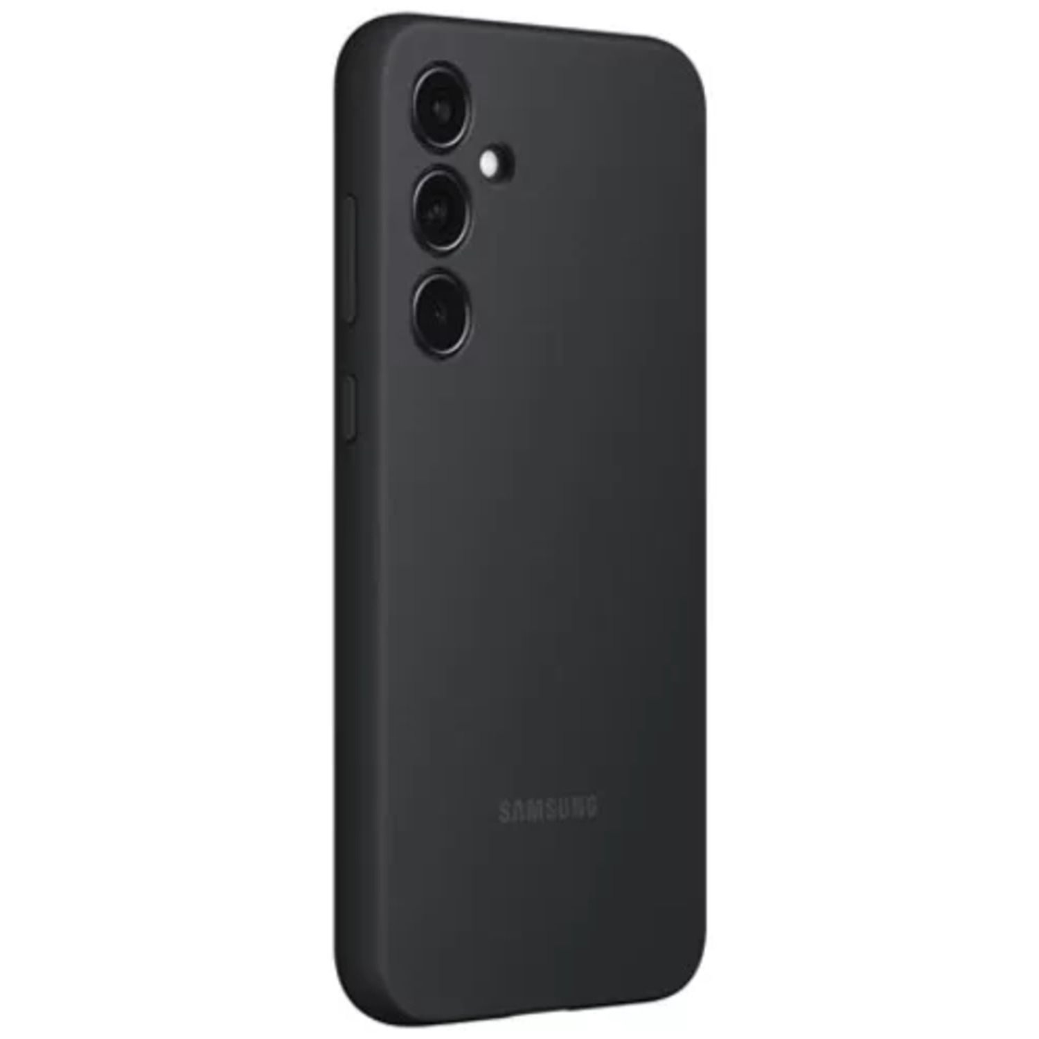 Zwarte telefoonhoes met drie cameralenzen en het Samsung-logo, van achteren gezien.