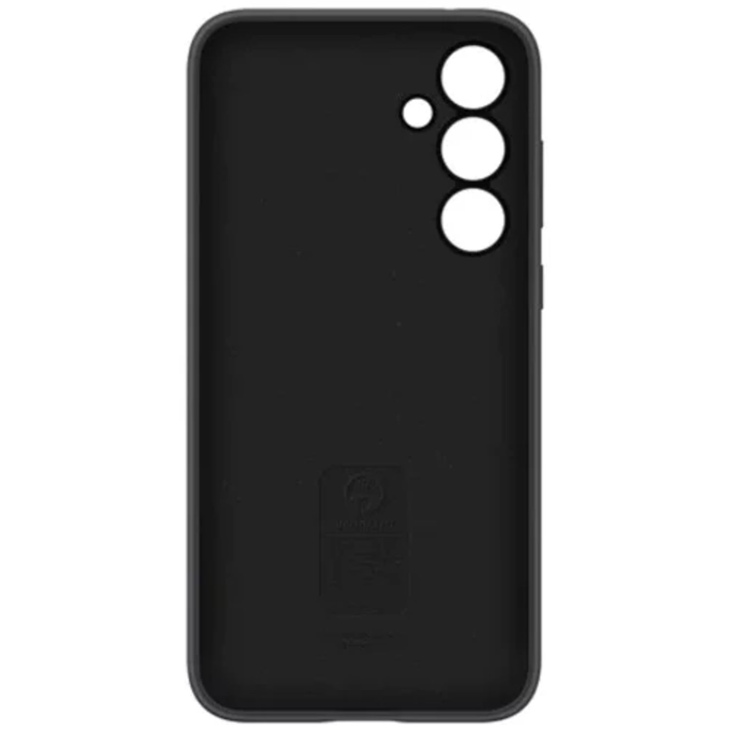 Zwarte telefoonhoes met camera-uitsparingen. Drie cirkels op de achterkant.
