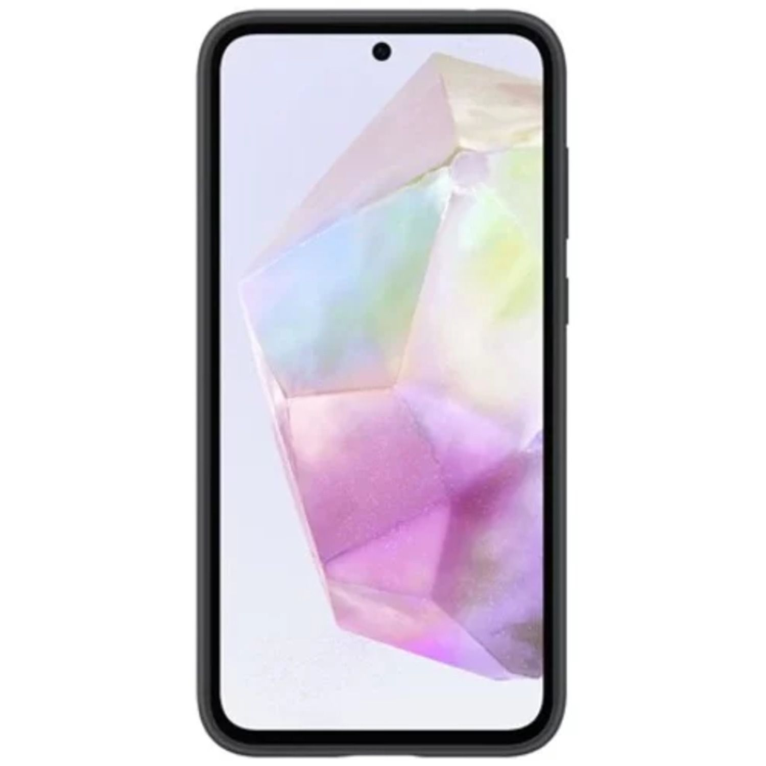Smartphone met een zwart frame en een scherm met een abstract, kleurrijk, kristallijn patroon.