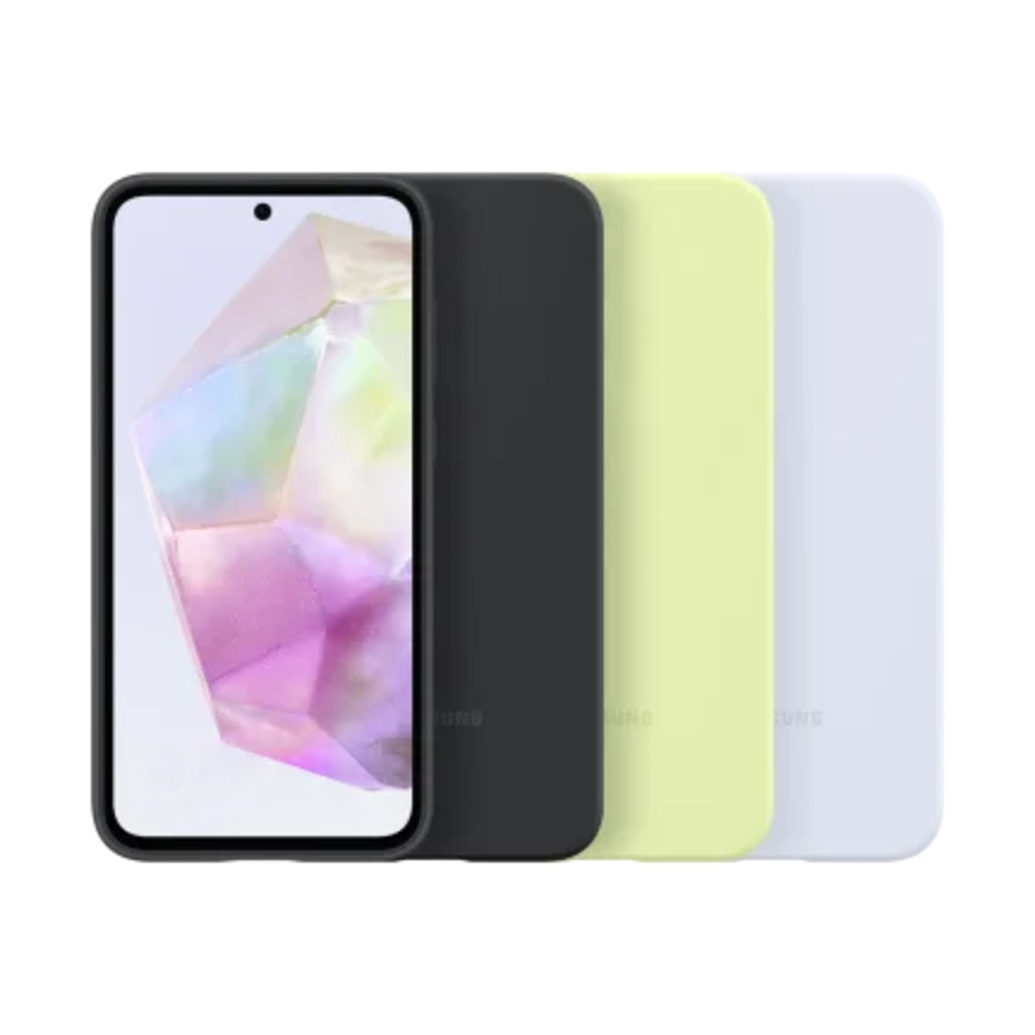 Een telefoon met een kristalachtig ontwerp op het scherm naast drie gekleurde hoesjes: zwart, geel en wit.