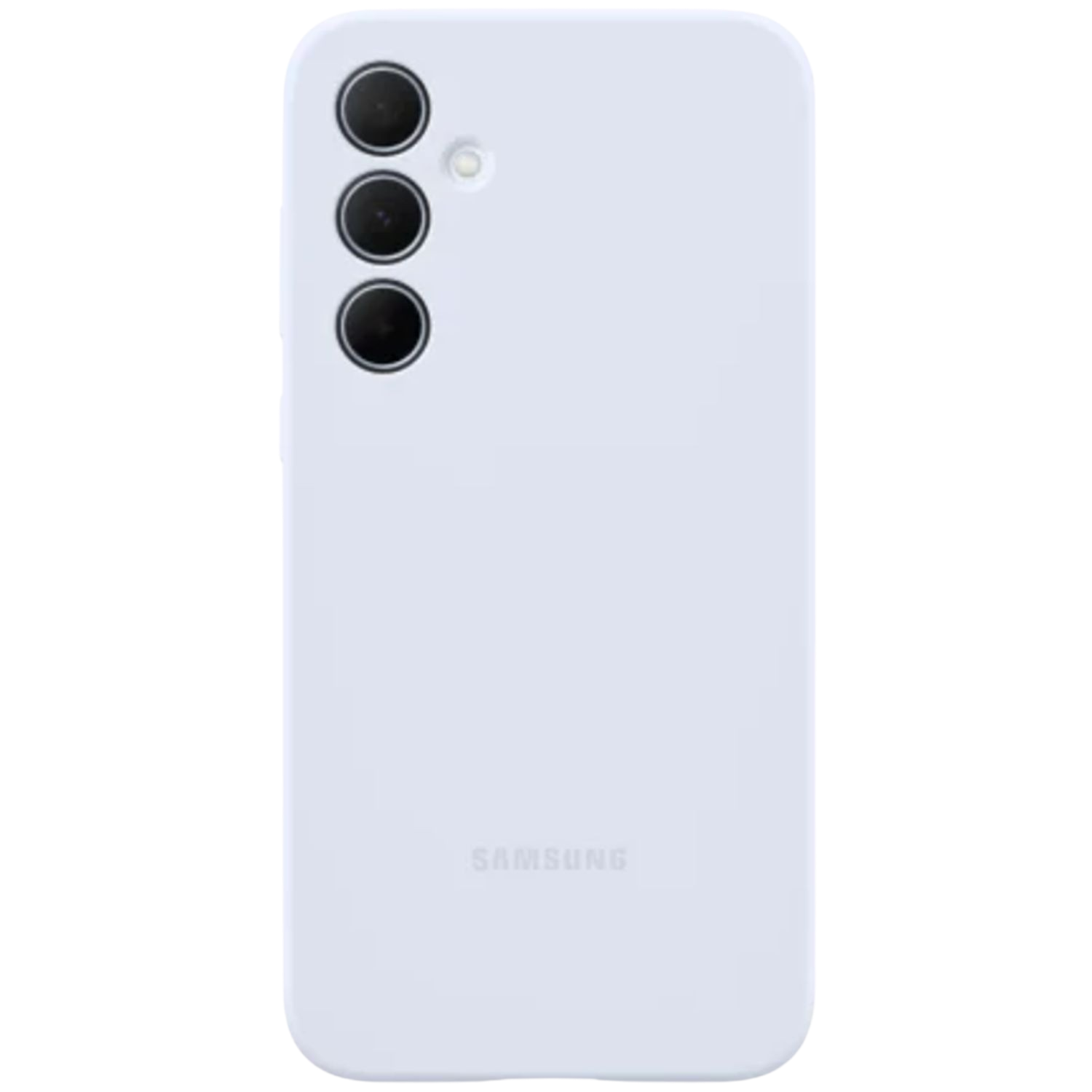 Een witte Samsung telefoonhoes met een drievoudige camera-opstelling, tegen een zwarte achtergrond.