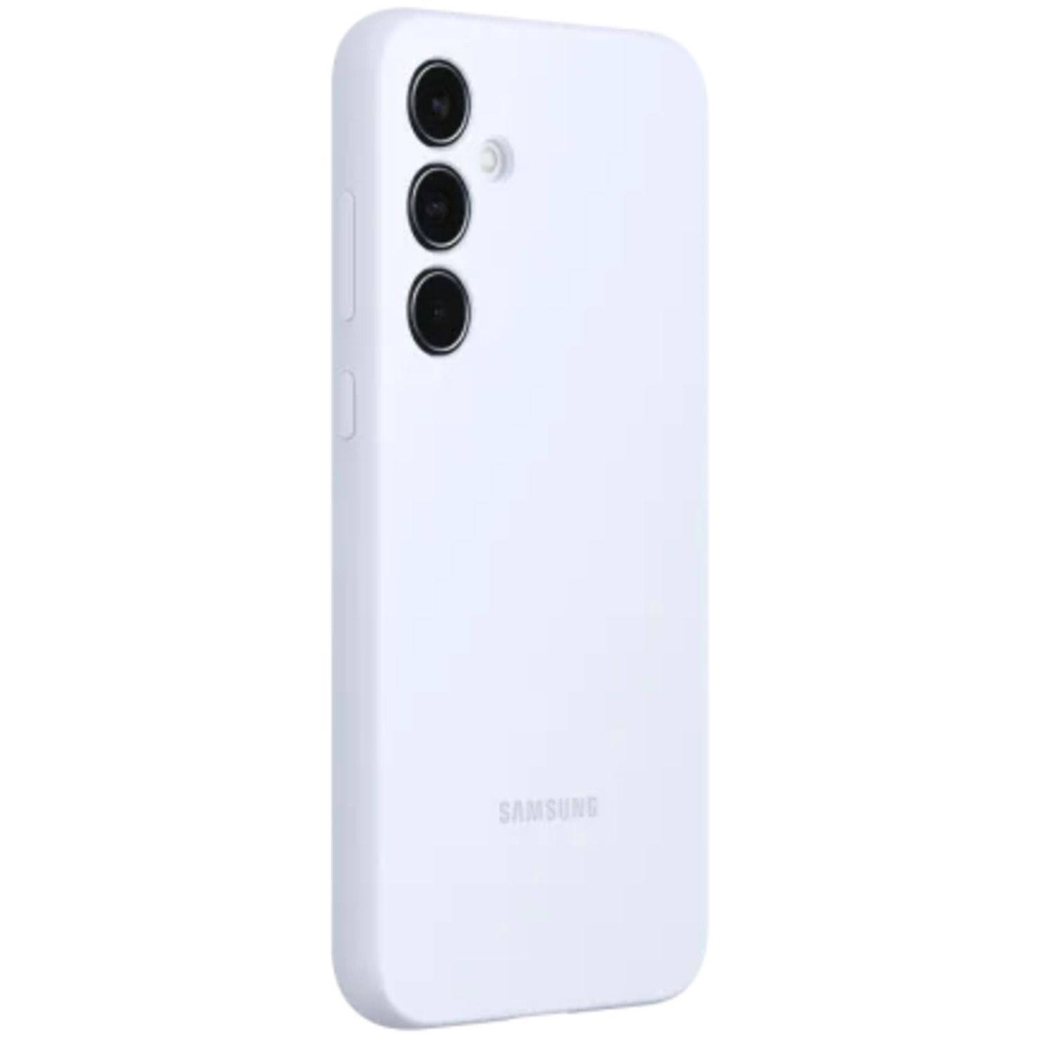 Een witte Samsung telefoonhoes met drie cameralenzen. Eenvoudig, strak ontwerp.