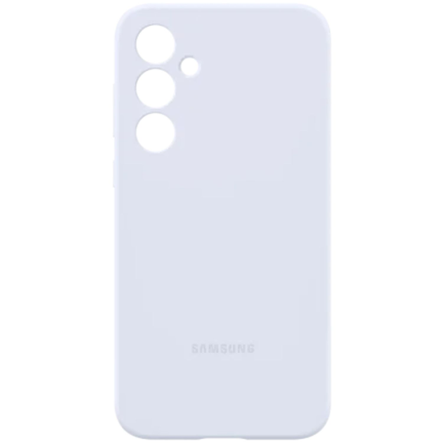 Witte telefoonhoes. Drie camera-uitsparingen boven. Samsung-logo onderaan.