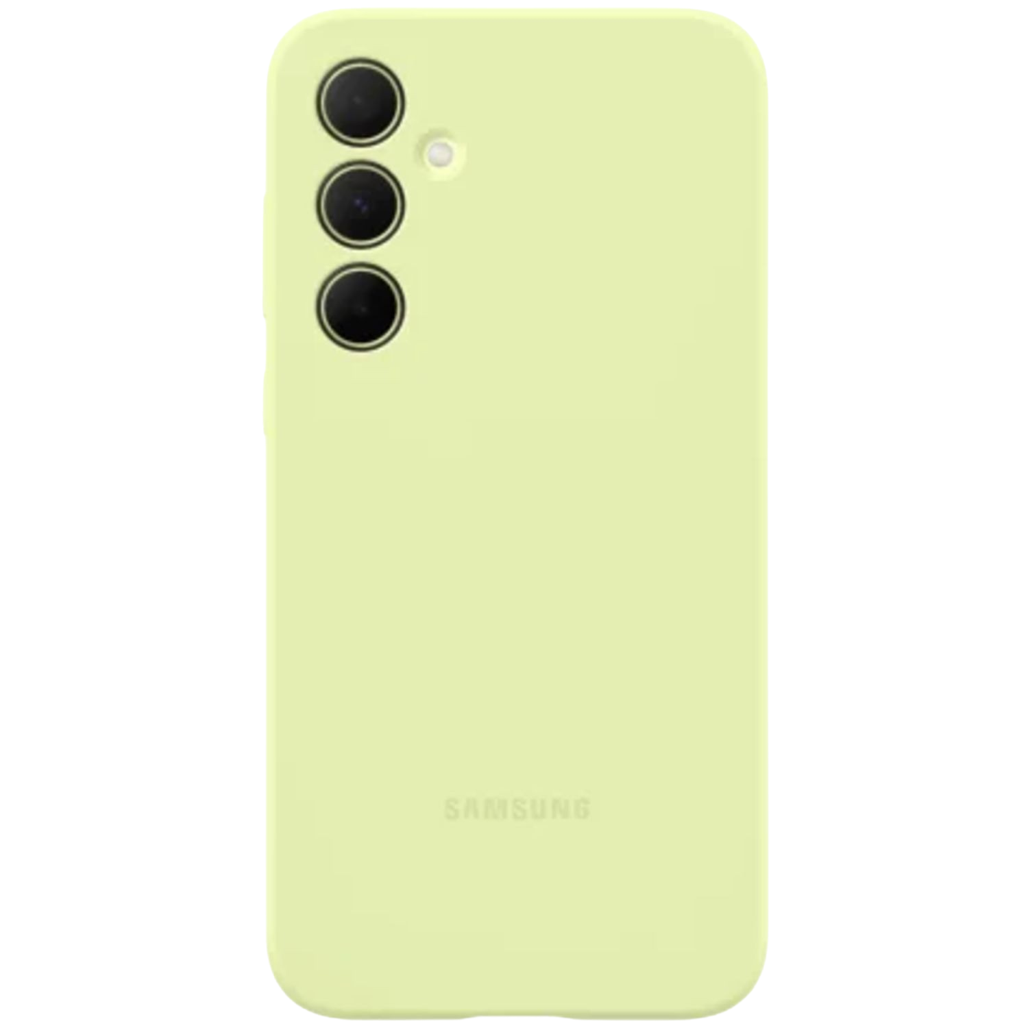Een lichtgele telefoonhoes met drie cameralenzen en een Samsung-logo.