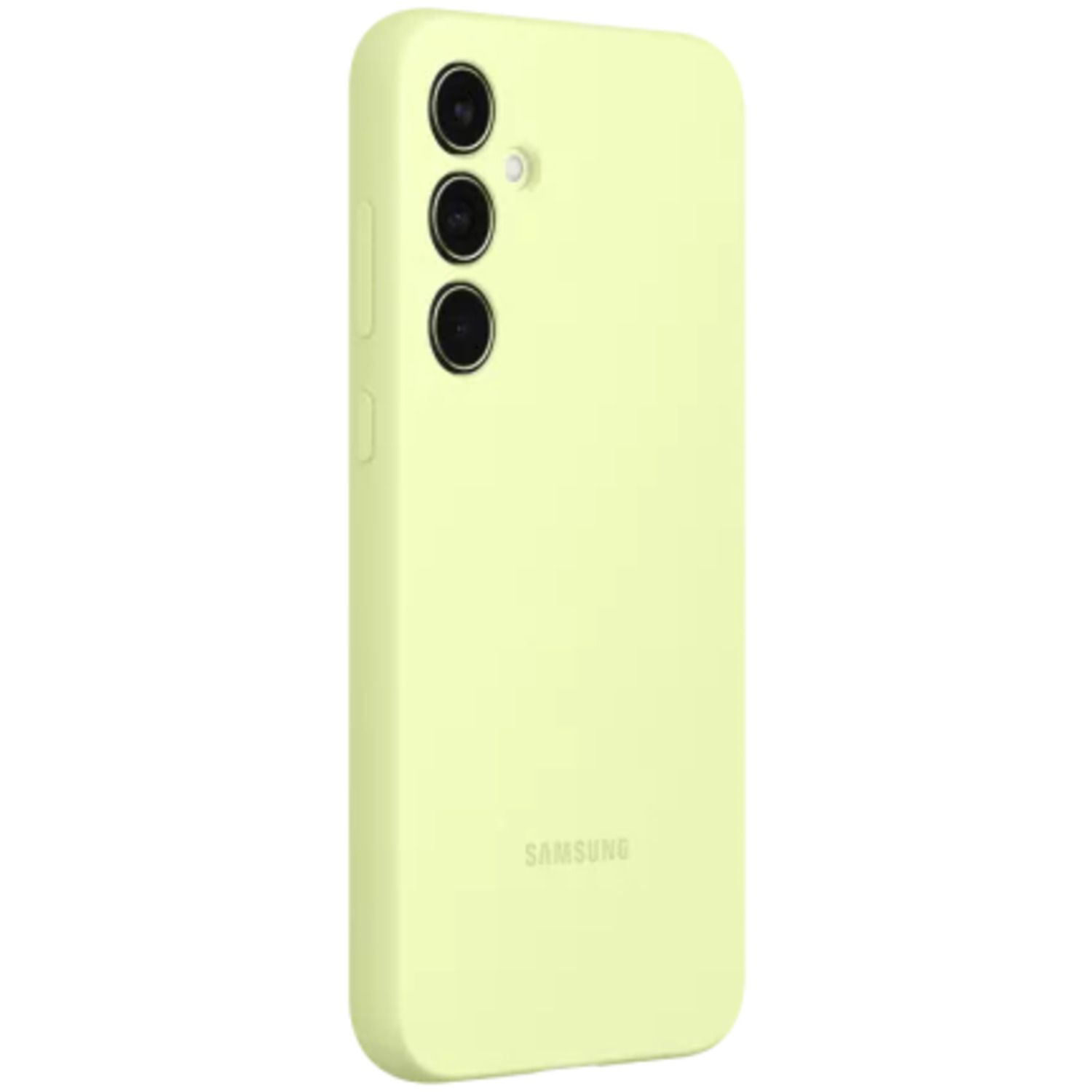 Lichtgele telefoonhoes met drie cameralenzen. Met Samsung-logo.