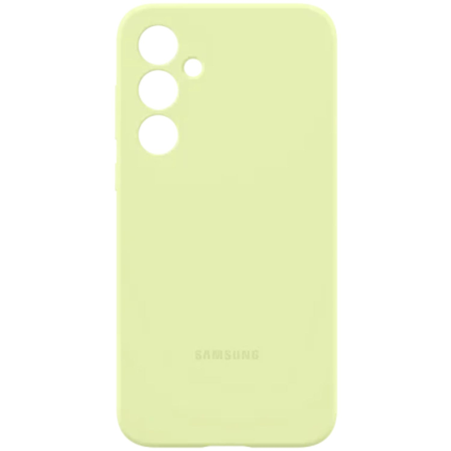 Een lichtgroene telefoonhoes met drie camera-uitsparingen en het Samsung-logo.