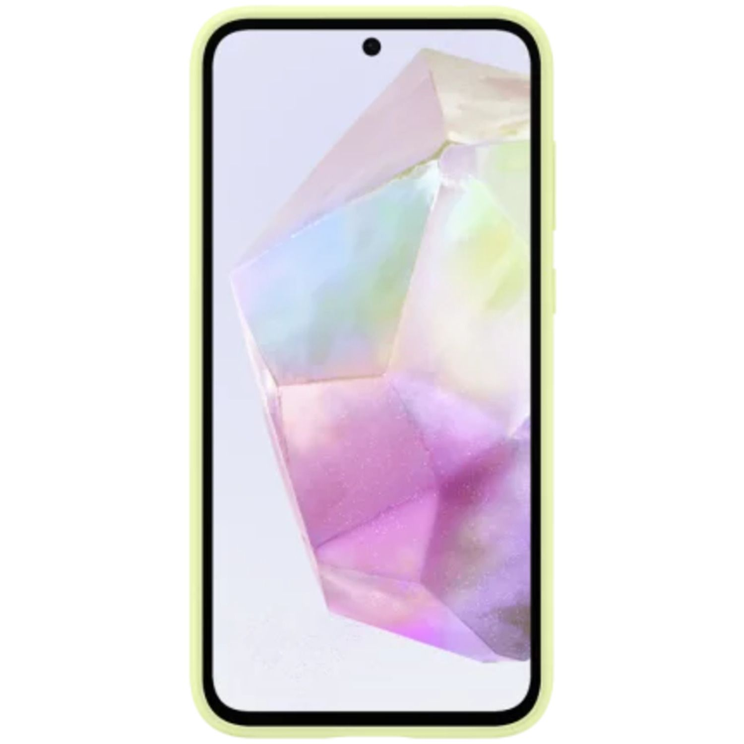 Een gele telefoonhoes met een smartphone erin, met een prisma-achtig beeld op het scherm.