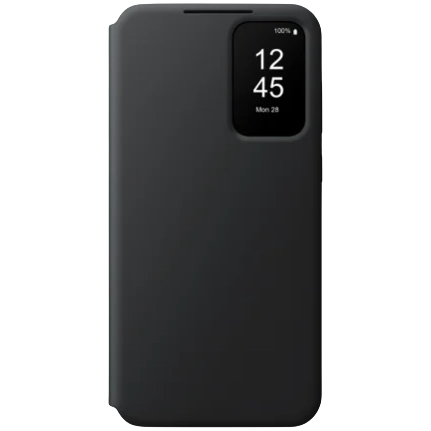 Coque de téléphone noire avec un écran affichant l'heure et le pourcentage de batterie.