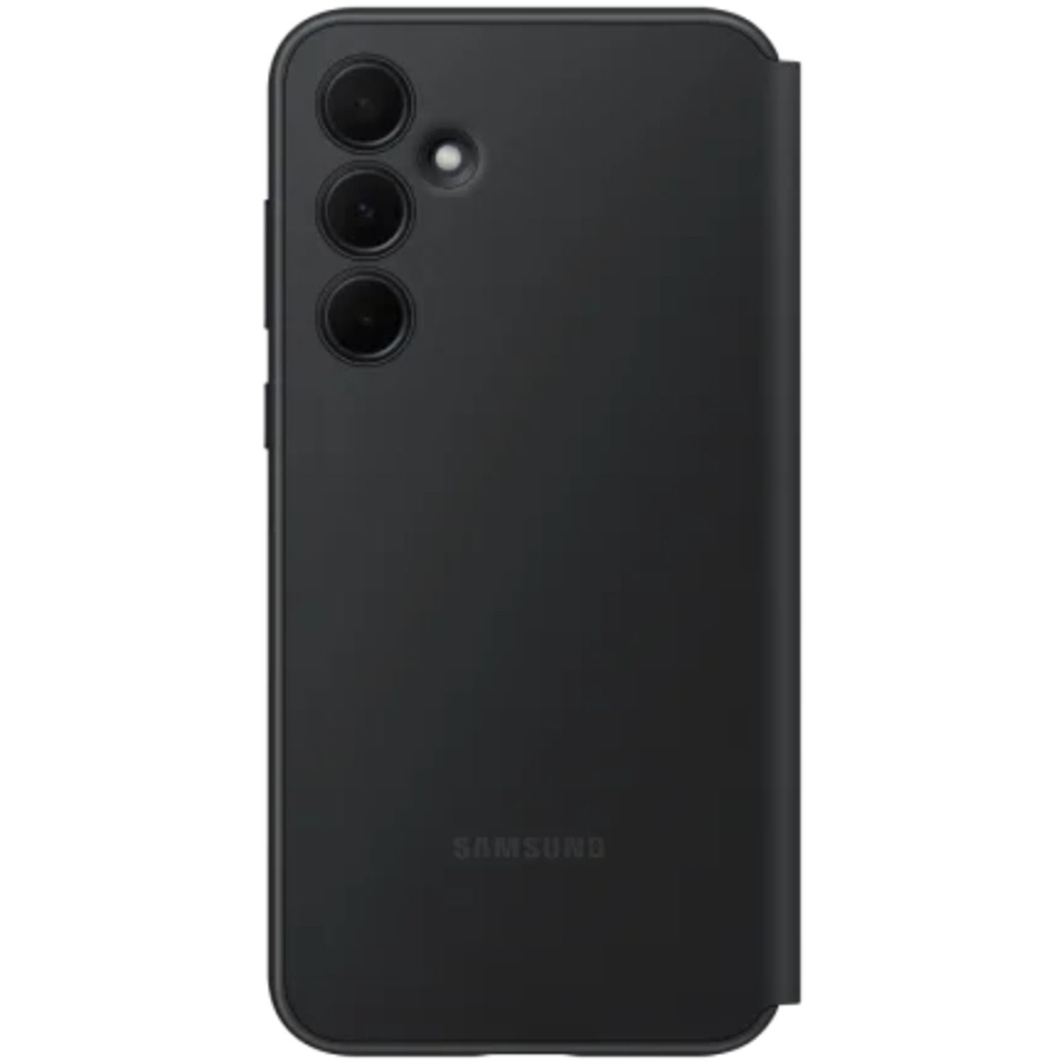 Coque de téléphone noire avec trois objectifs. Isolée. Logo Samsung.