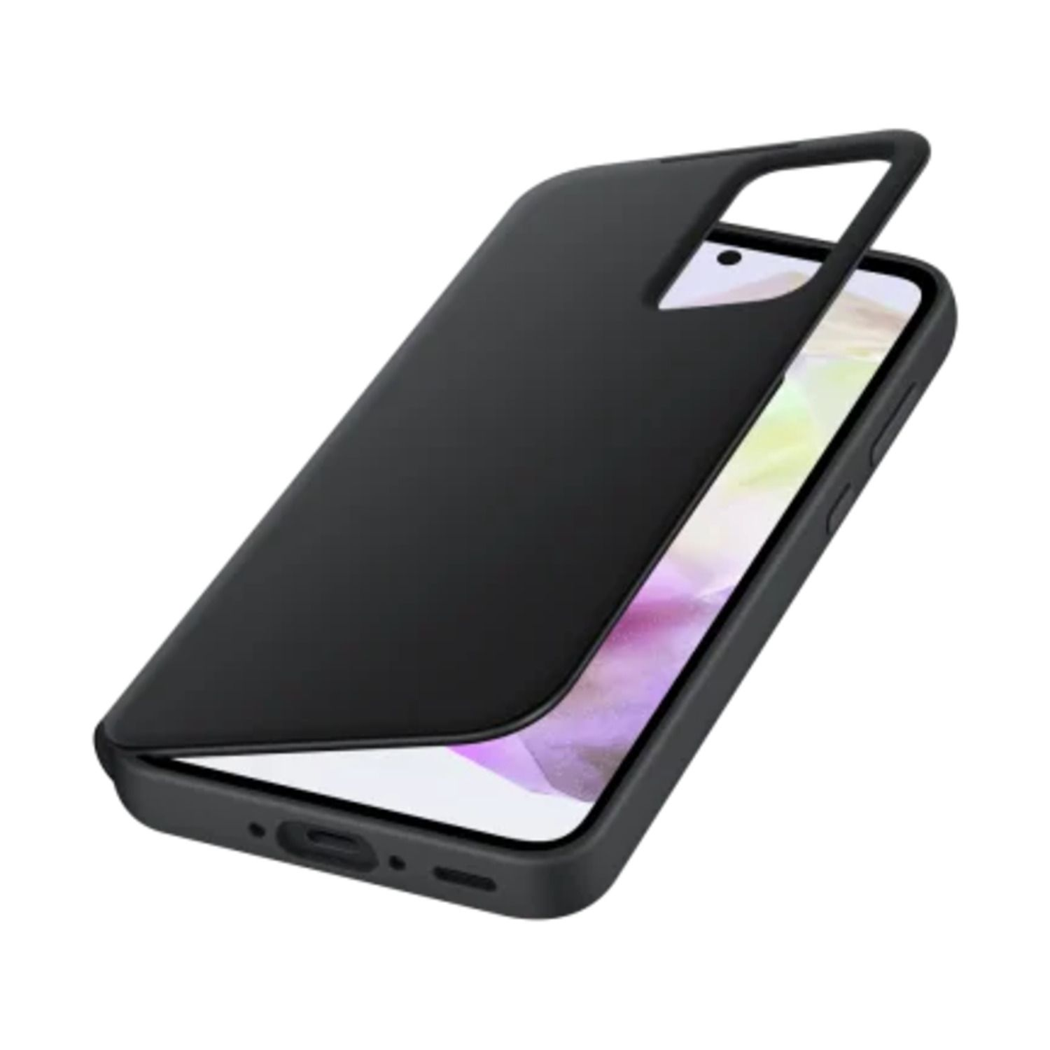 Coque de téléphone noire avec un téléphone à l'intérieur. La coque est ouverte, affichant l'écran.