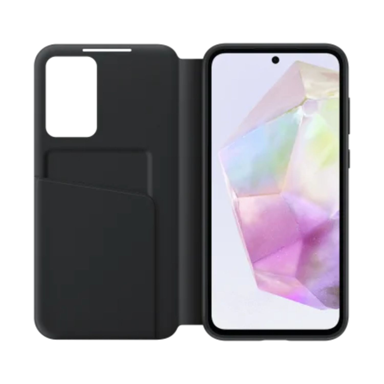 Étui de téléphone noir ouvert, montrant un téléphone avec un écran coloré et un emplacement pour carte.