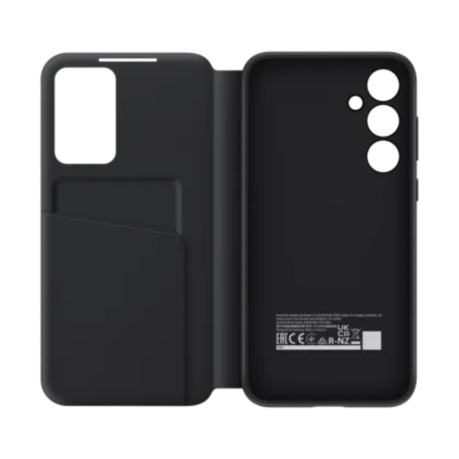 Coque de téléphone noire, ouverte. Elle a une fente pour carte et un espace pour le téléphone. Étiquette blanche à l'intérieur.