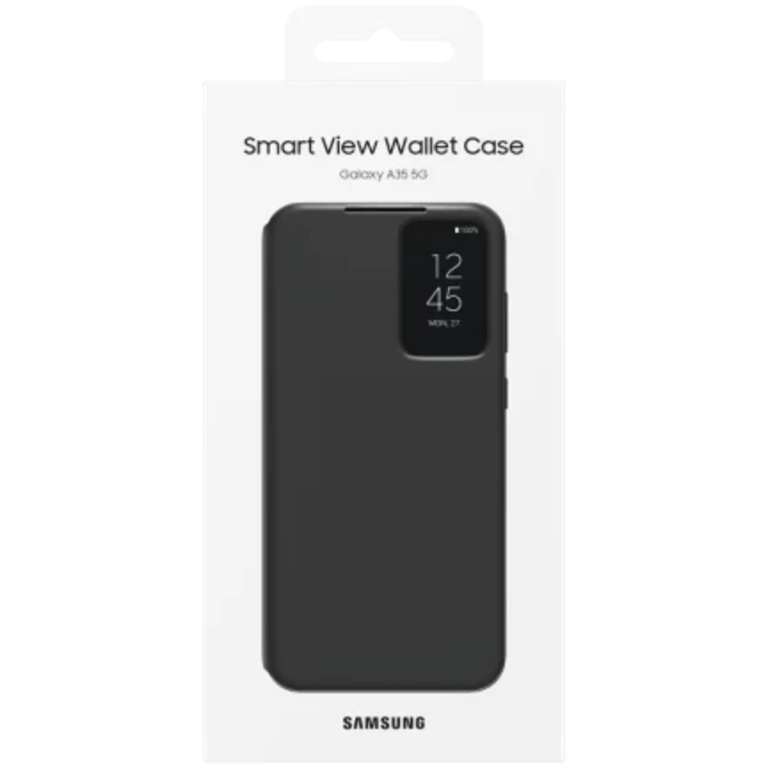 Coque de téléphone noire avec un écran noir affichant l'heure. La coque est dans une boîte blanche.
