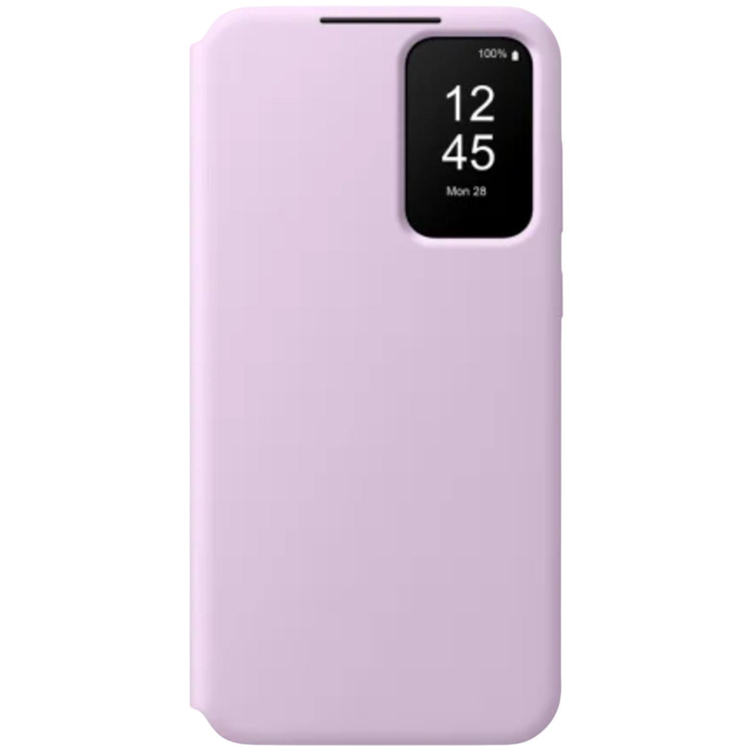 Une coque de téléphone violet clair avec un petit écran affichant l'heure et la date.